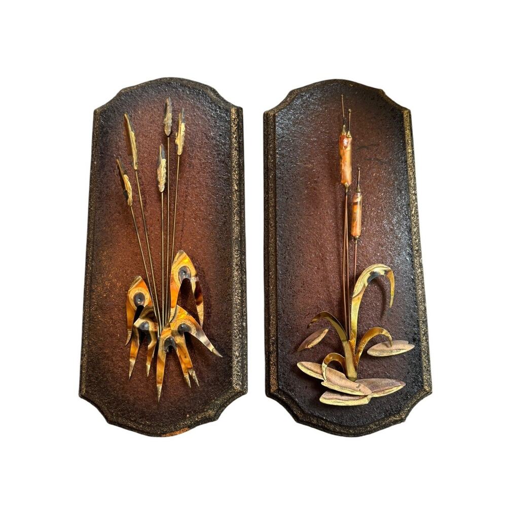 Vintage MCM Brutalist Metal Cattail Wall Plaques Set of 2 3D Wall Art